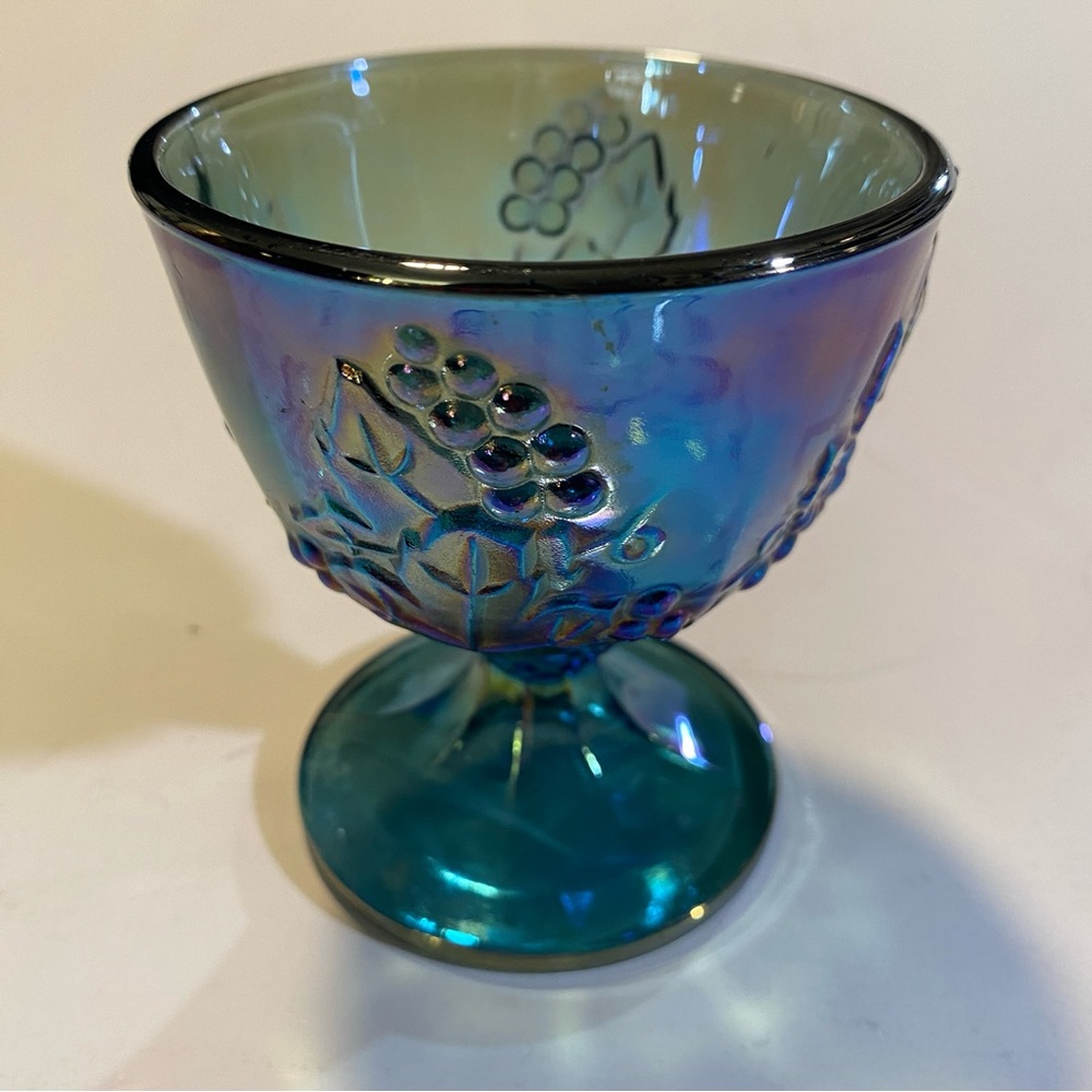 Indiana Blue Carnival Glass small Harvest Grape footed fruit goblet GUC no flaws